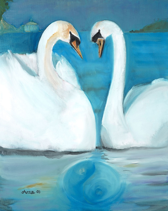 two swans kissing painting